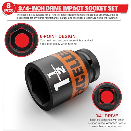 8 Pieces 3/4-Inch Drive Impact Socket Set, 1" to 1-1/2" Jumbo Socket, 6 Point SAE Sockets for Automotive Repair, Equipment Maintenance - size: 3/4 Inch SAE Axle