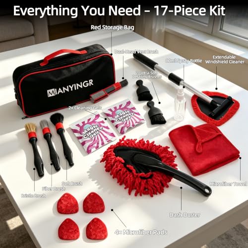 Windshield Cleaner Tool, 17Pcs Red Car Interior Detailing Kit – Stay in Seat, Inside & Out Streak-Free Clean, with Extendable Handle, Cleaning Gels & Brushes for Daily Cleaning, Pet Hair