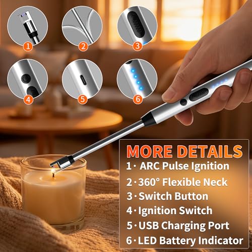 2 Pack Rechargeable Type C Electric Lighters, Flameless and Windproof Candle Lighters with Plasma Arc, 360° Long Reach Flexible Neck & LED Power Display for Candles, BBQ Grill &Camping(Silver) | Flameless, Windproof, Plasma Arc, 360° Long Reach Flexible N