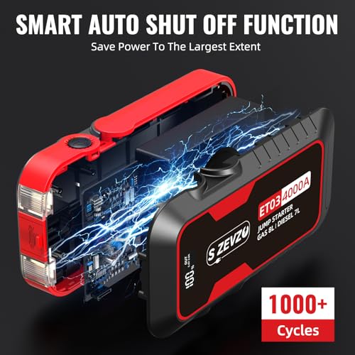 S ZEVZO ET03 4000A Car Jump Starter Jump Starter Battery Pack for Up to 8.0L Gas and 7.0L Diesel Engines, 74Wh Portable 12V Jump Box with USB Ports, LCD Display, Storage Case, and LED Light