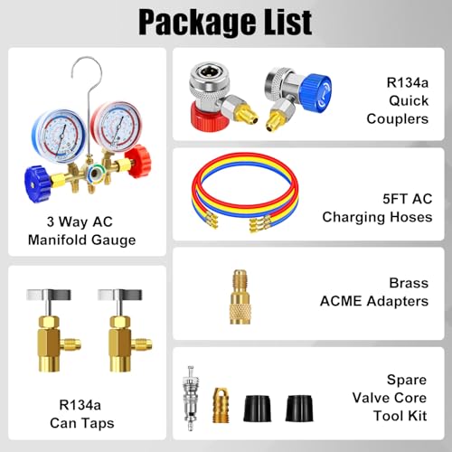 AC Manifold Gauge Set, 3 Way Car HVAC R134a R404a Refrigerant Charging Tool Kit, with Hoses Quick Coupler Adapter Can Tap Case, for Auto Air Conditioner Freon Diagnostic Test and Recharge
