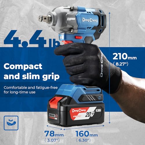 Dong Cheng 20V Brushless Impact Wrench, Max Torque 503 ft-lbs (682 N.m), 2x4.0Ah Battery, 1/2" with 3 Mode Speed, 2400 RPM Cordless Impact Gun, Includes Charger, 4 Impact Sockets and Kit Bag - style: Two Batteries