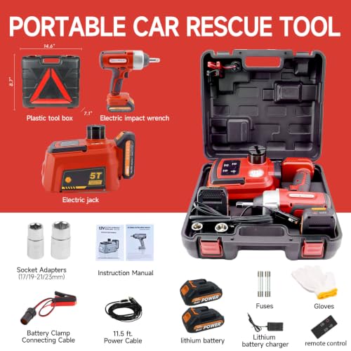 E-HEELP Electric Car Jack 5 Ton Cordless, 12V Battery Hydraulic Floor Jack with Remote Control, Tire Change Kit with Impact Wrench & LED Light, Portable Auto Lifting Tool for Roadside Emergency SUV RV