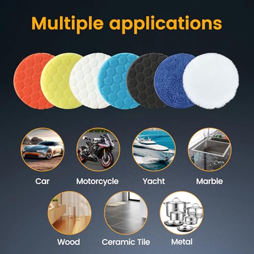 Buffing Polishing Pads 5 Inch - 7Pcs Car Buffer Foam Pad Kit with Hook and Loop, Compound Cutting Sponge and Wool Pad for Polishing and Waxing - size: 5 inch