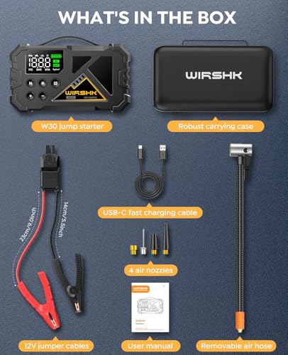 Jump Starter with Air Compressor, 8000A 160PSI Portable 12V Car Jump Starter for All Gas or 10.0L Diesel Engine, Battery Booster with LCD Display, LED Light & Jump Cables - size: L-30