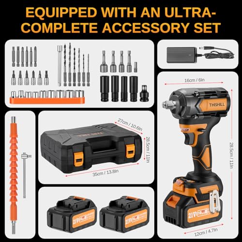 This Hill 45PCS Cordless Impact Wrench,600Nm(443Ft-lbs),1/2 Inch Brushless lmpact Driver Set,w/Two 4.0Ah Battery,17 Sockets,High Torque Power Impact Gun for Car Home