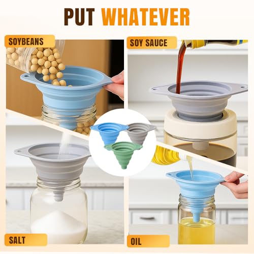 Kitchen Funnel Set 3 Pack, Collapsible Silicone Funnels for Filling Water Bottles & Small Bottles | Food-Grade, Easy Clean & Space-Saving (Mix Colors) - color: mix colors