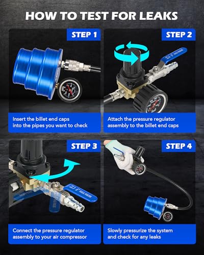 Orion Motor Tech Charge Air Cooler CAC Boost Leak Tester with 4" 3.5" 3" Billet End Caps, Aluminum CAC Pressure Tester with 150 psi Regulator Extension Line US & EU Air Fittings for Class 7 & 8 Trucks