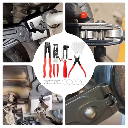 4Pcs Hose Clamp Pliers Set, CV Boot Clamp Pliers, C Clip Pliers with 10psc Hose Clamps and Gloves