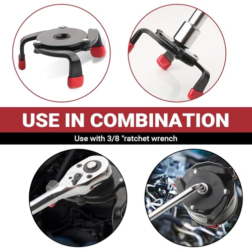 Car 3 Jaw Oil Filter Wrench, Anti-slip One-way Flat 3 Jaw Oil Filter Removal Tool, Adjustable Oil Filter Removal Tool, Universal 1/4" to 3/8" Drive Adapter, for Car (Black)