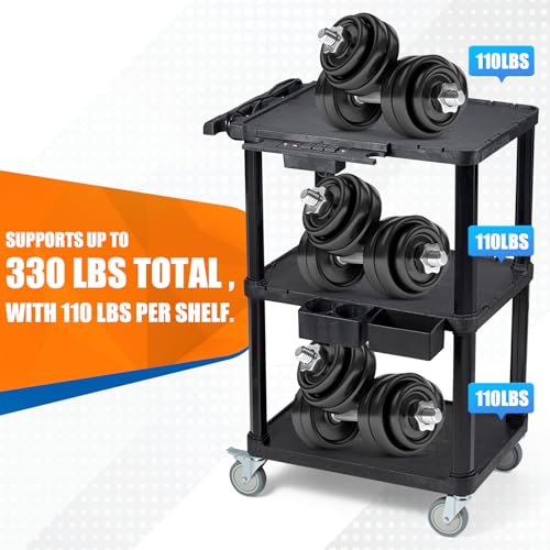 ELAFROS 3-Tier Heavy Duty AV Cart with Power Strip, 27.5 x 18.25 in | 330 lbs Capacity, Flat Top Shelves, Industrial Rolling Cart, Swivel Wheels, AV Equipment Stand, Work Cart, Organizer - style: With Power Strip