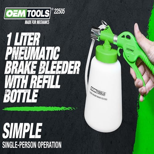 OEMTOOLS 22505 1L Pneumatic Brake Bleeder Kit with Refill Bottle, Single-Person Brake Fluid Bleeder Kit, Use for Disc and Drum Brakes, Universal Rubber Fitting, Uses Standard Workshop Air Supply - style: 1 liter