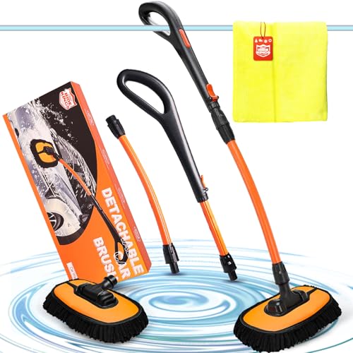 Car Wash Brush with Long Handle, Chenille Microfiber Car Wash Mop Kit, Scratch Free Car Cleaning Supplies with Ergonomic 15掳 Curved Extension Pole for RV Truck Boat Windshield - Orange - color: Orange