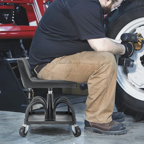 M-AUTO Padded Seat Garage Stool on Wheels, 16”-21” Height Adjustable Swivel Mechanics Seat with Tool Tray Storage for Garage and Garden, 300lbs Capacity - size: 21" Square