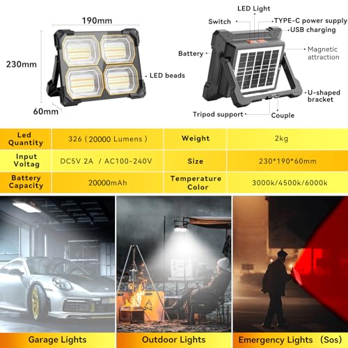 200W Led Work Light Rechargeable,20000MAh Solar Portable Light, 20000LM Magnetic Work Lights, 326 Led Battery Work Lights with Stand 5 Lights Modes IP66 Waterproof for Outdoor Camping Car Repairing
