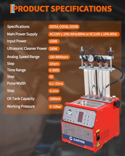 Garvee Fuel Injector Cleaner Tester 4-Cylinder 11 Test Modes 12V, Ultrasonic GDI Injector Cleaning Machine, 0-10 bar, Pulse Width (0.1-25ms), Resistance Test, Digital Display, Supports GDI Injectors - size: 4-Cylinder Model, 2-in-1