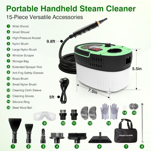 Steam Cleaner with 15-in-1 Kit, 2500W Steamer for Home & Car Detailing | 14.8ft Extended Reach, 15s Fast Heat-Up, 6-Level Adjustable, ANSI Z87.1 Safety Goggles, 45 Mins Steam, Green - color: Green