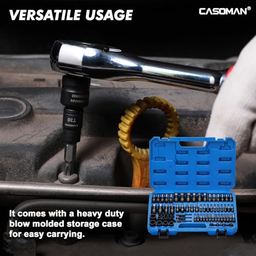 CASOMAN 71-Piece Master Hex & Torx Bit Socket Set, 1/4" & 3/8" & 1/2" Drive, Metric/SAE Hex Bit Sockets, Star Bit Sockets (T6 - T70), E-Torx Sockets (E4 - E24), with Storage Case - size: 66-Piece Torx & Hex Bit Socket Set