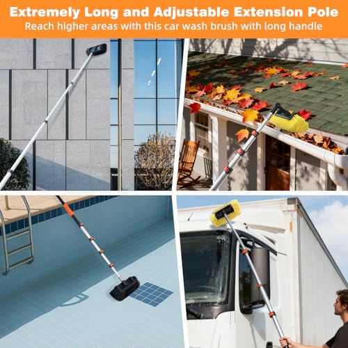 16FT Car Wash Brush with Long Handle Telescoping Extension Pole Angle Adapter with Soft and Hard Bristle Scratch-Free for Cleaning Car Truck RV House Floor Window Roof Solar Panels - size: 16 FT