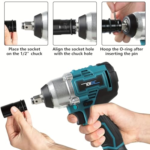 NEWONE 20v Brushless Crodless Impact Wrench, 370 Ft-lbs (500N.m) Impact Gun 1/2 inch with 1pcs 4.0AH Battery,6pcs Drill/Driver Bits,4 Sockets,Charger - color: Blue and Black