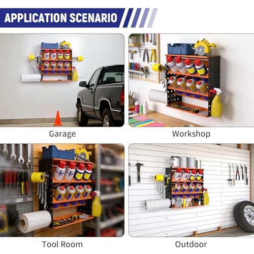 Wall Mount Spray Can Holder, Aerosol Spray Bottle Holder Storage Rack, Heavy-Duty Paint Bottle Organizer with 8 Can Holes & 4 Steel Hooks, 4 Plastic Hooks for Garage, Shop, Home or Tool Trailer - style: A-Spray Can Rack