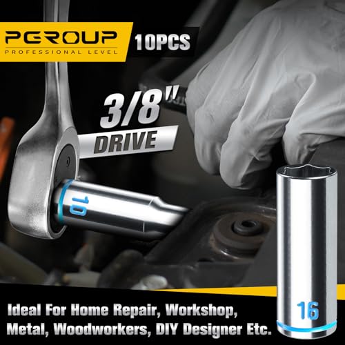 3/8-Inch Drive Deep Socket Set, 10PCS Metric (10-21mm), 6-Point Design,Blue Embossed and Painted Marking, Mirror Chrome Finish,Cr-V Steel With Rail - size: SAE (3/8"-7/8")