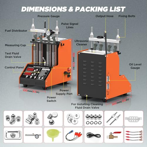 Fuel Injector Cleaner Machine 4 Cylinder Ultrasonic Fuel Injector Cleaner Tester 9 Test Modes Auto Fuel Injector Cleaner Tester Kit for 5V&12V Motorcycle Car Injectors