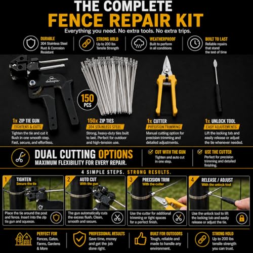 Heavy Duty Stainless Steel Cable Tie Gun Kit – 150 PCS 11.8” Metal Zip Ties with Tensioning & Flush Cutting Tool for Fence Repair, Exhaust & Outdoor Use