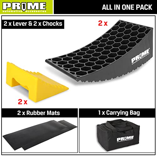 PR1ME RV Leveling Blocks, Heavy Duty Camper Leveler Kit, 2 Pack Curved RV Levelers with Anti-Slip Mats & Wheel Chocks, Faster Leveling System for Travel Trailer, Motorhome & Dual Axles - size: Height to 4 inch