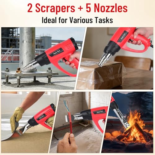 1800W Heat Gun for DIYers, Crafters & Electronics Repair – 140°F~1112°F Variable Temp, 1.5s Fast Heat, 5 Nozzles, 2 Scrapers, Overheat Protection, Hands-Free Stand | Shrink Tube, Resin, Vinyl Wrap - color: Red