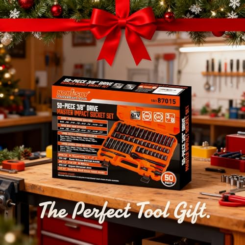 HORUSDY 50-Piece 3/8" Drive Impact Socket Set, Standard SAE (5/16 to 3/4 inch) and Metric (8-22mm) Size, 6 Point, Cr-V, 3/8-Inch Drive Ratchet Wrench, Drive Extension Bar, Impact Universal Joint - style: 50PC 3/8" Master Kit