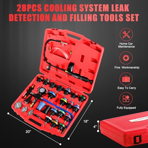 JIFETOR Radiator Coolant Pressure Tester Vacuum Refill Tool 28PCS Kit Red | Automotive Cooling System Manual Leak Test Pneumatic Purge Fill Set 21PCS Testing Adapter Cap Universal for Airlift Car Truck - color: Red Case