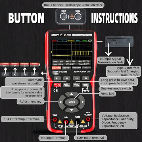 ZT-703S 3 in 1 Handheld Oscilloscope Automotive Dual Channel 50MHz with Digital Multimeter and Signal Generator, 3400mAh for Electronics/Education