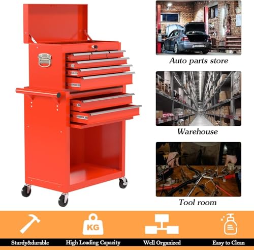 8-Drawer High Capacity Rolling Tool Chest, Removable Cabinet Storage Tool Box with Wheels and Drawers - color: Red