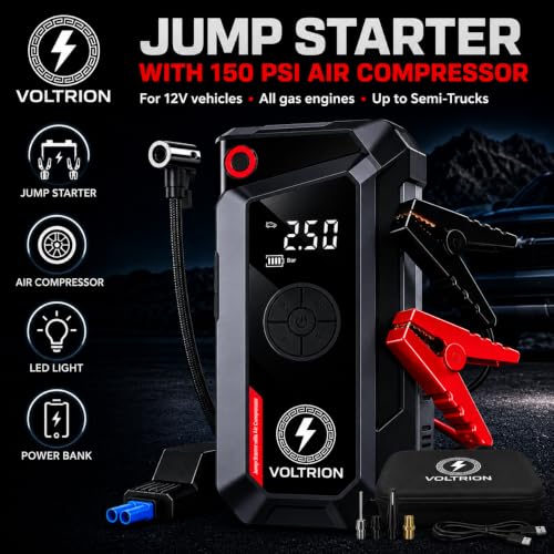 Jump Starter with Air Compressor, 1500A Car Battery Booster 150PSI | 150PSI auto-stop tire inflator, 12000mAh power bank & LED light. Starts 12V gas & diesel, compact cars to semi-trucks