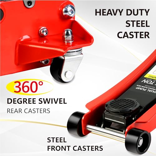 3.5T Low Profile Steel Floor Jack, 7000 lb, Dual Pump, 4"-21" Lift, Red | Heavy-duty steel, dual-piston quick lift, low profile, 4"-21" range, overload safety protection. - size: 3.5T Dual Pump 4"-21"(Red)