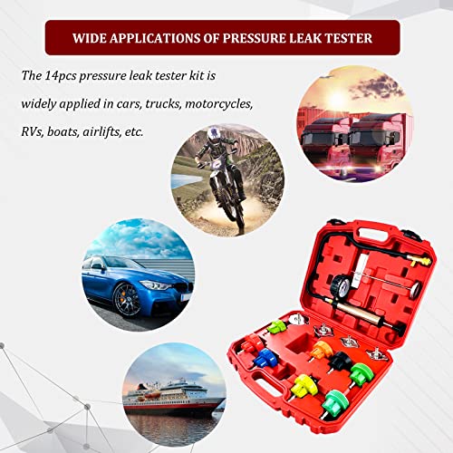 14PCS Radiator Pressure Leak Tester Tool Kit, Automotive Cooling System Pressure Pump Test Kit, Water Tank Leakage Detection Tool Set