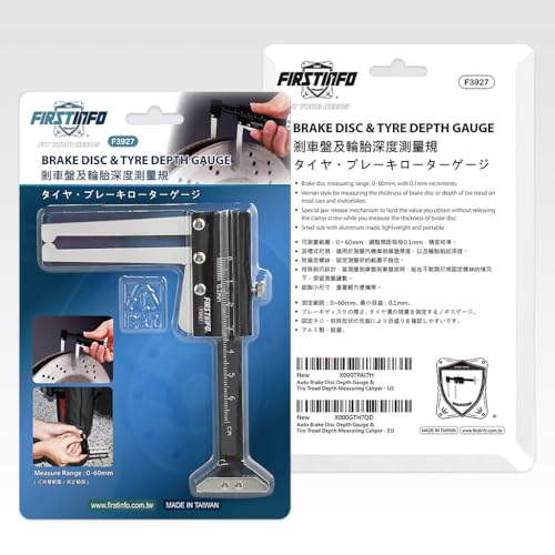 FIRSTINFO F3927 Taiwan Manual Auto Brake Disc Depth Gauge, Tire Tread Depth Measuring Caliper, 0-60mm Metric Gauge Ruller