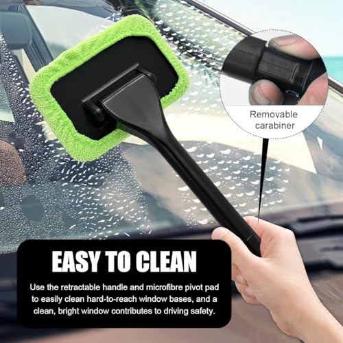 Car Windshield Cleaning Tool, Microfiber Auto Window Cleaner with 4 Cloth Pads & Long Handle, Reusable Window Cleaning Tool Kit for RV SUV Truck, Car Accessories (Green) - color: Green+Gray+Blue+Orange