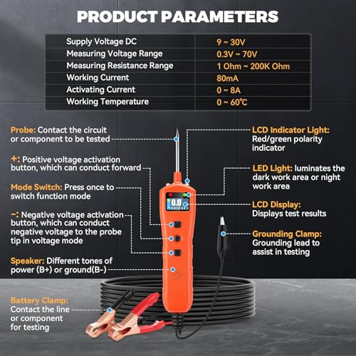 Automotive Power Circuit Probe Tester DC 9-30V Test Light,Electrical Circuit Tester with LED Light & LCD Display, Detects Voltage/Resistance/Diode,Car Short Finder Tool