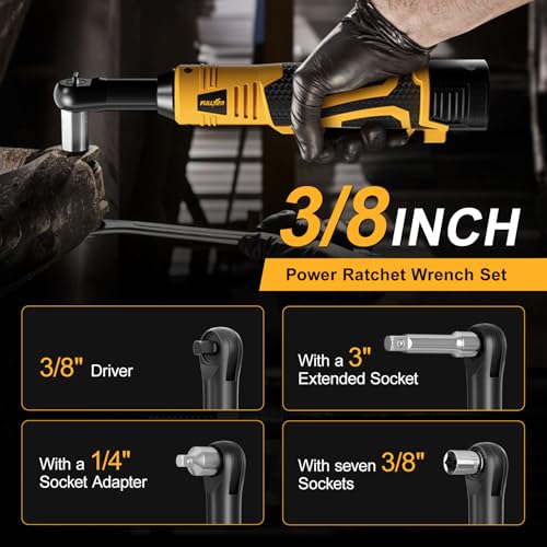 FULLYEA 3/8" Cordless Electric Ratchet Wrench Set, 550RPM, 40Ft-lbs, 16.8V Extended Power Ratchet Tool Kit with Variable Speed, 1/4" Adapter, 3" Extension Bar, 2*2.0Ah Battery and Fast Charger(Yellow)