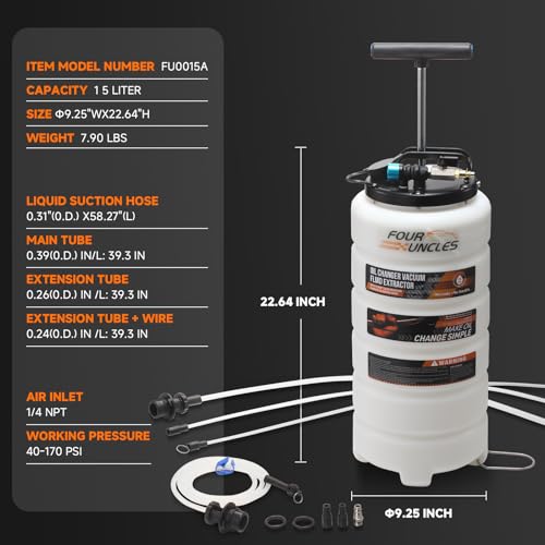 FOUR UNCLES Oil Extractor - Vacumm Fluid Extractor with Pump Tank Remover & Tubes for Oil Change and a Hose for Brake Bleeding - size: 15L Manual/Pneumatic
