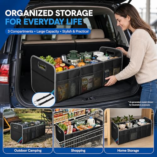 XL Car Trunk Organizer, 4 Compartments, 94L Capacity, Oxford Polyester 600D Material, Easy Fold and Store, Prevents Sliding | Rugged & waterproof large storage box. Features 94L capacity, 6 large mesh pockets & non-slip base for SUV, garage, camping - siz
