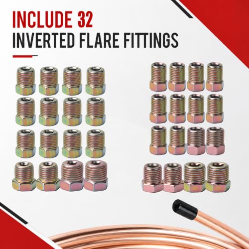 Joyzeal 25ft 3/16"+1/4" Copper Brake Line Kit, 16 Fittings+Flaring Tool | Corrosion Resistant, Hand-Bendable Steel Tubing, 4 Unions, Fits Cars Trucks SUVs, Multi-Material Compatible - size: 3/16''+1/4''