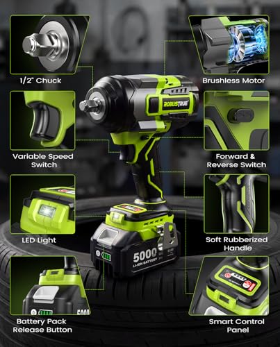 Robustrue Cordless Impact Wrench,1475Ft-lbs (2000N.m) 1/2 High Torque Brushless Impact Gun, 18V Power Impact Driver, 2 * 5000mAh Battery,5 Sockets, Brushless Variable Speeds for Car/Truck RV/Mower