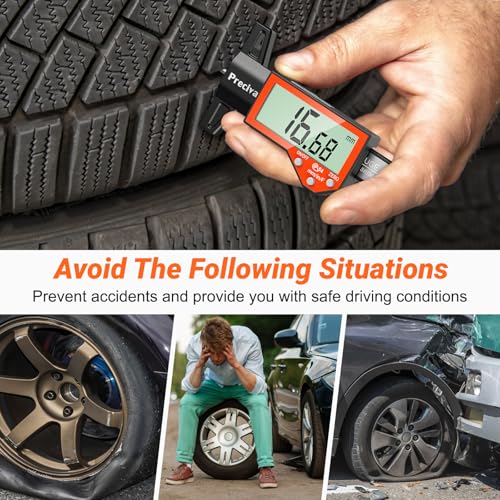 Preciva Tire Tread Depth Gauge, Digital Tire Depth Gauge with Large LCD Display and Inches, Millimeters, Fraction Conversion, Tread Depth Gauge Suitable for Thread Depth, Brake Shoe and Pad Wear - color: Orange