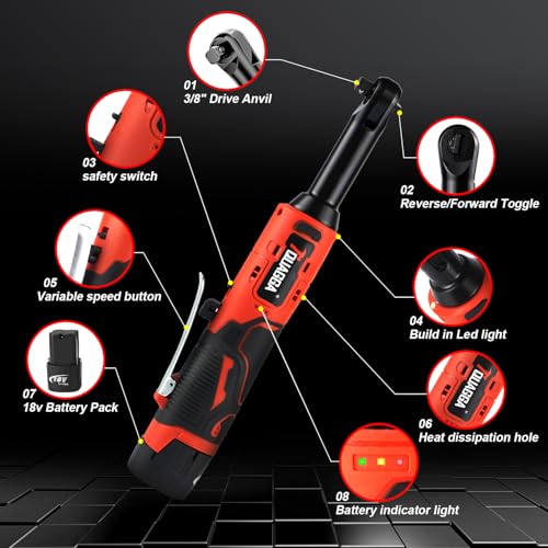 3/8" Cordless Electric Ratchet Wrench Set, 18V Power Ratchet Tool Kit With 2 Packs 2000mAh Battery And Charger, 45 FT-LBS Battery Powered Extended Wrench with LED Lights - size: 18 V Extended New