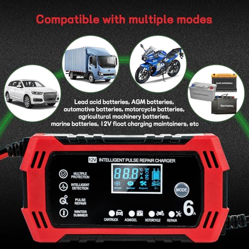 Car Battery Charger,12V 6Amp Trickle Charger and Maintainer, Smart Fully Automatic Battery Charger w/Temperature Compensation, Battery Pulse Repair and Desulfator for Lead Acid AGM Batteries