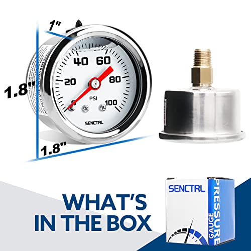 SENCTRL 0-100 Psi Fuel Pressure Gauge, 1-1/2" Dial Size, 1/8" NPT Back Mount, Glycerin Liquid Filled, Stainless Steel Case, Inline Low Pressure Gauge, for Water Oil Air Pressure Test - size: 0-100 Psi, style: Back Mount