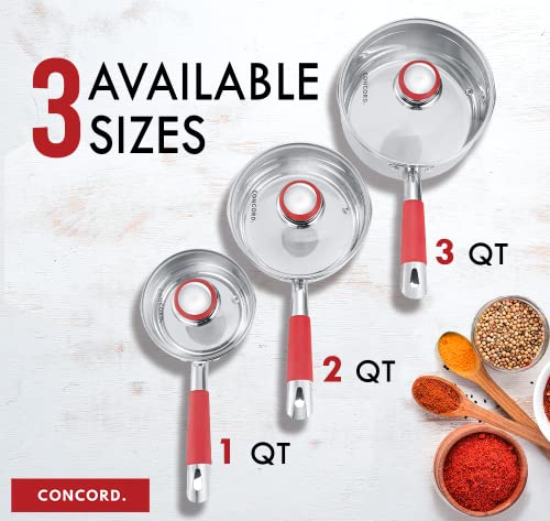 Concord 2 Quart Stainless Steel Saucepan with SIMPLE POUR Vented Glass Lid. Features Dual Pouring Spouts and Volume Marking. Perfect for making Sauces, Jam, Ramen, and more - size: 2 QT